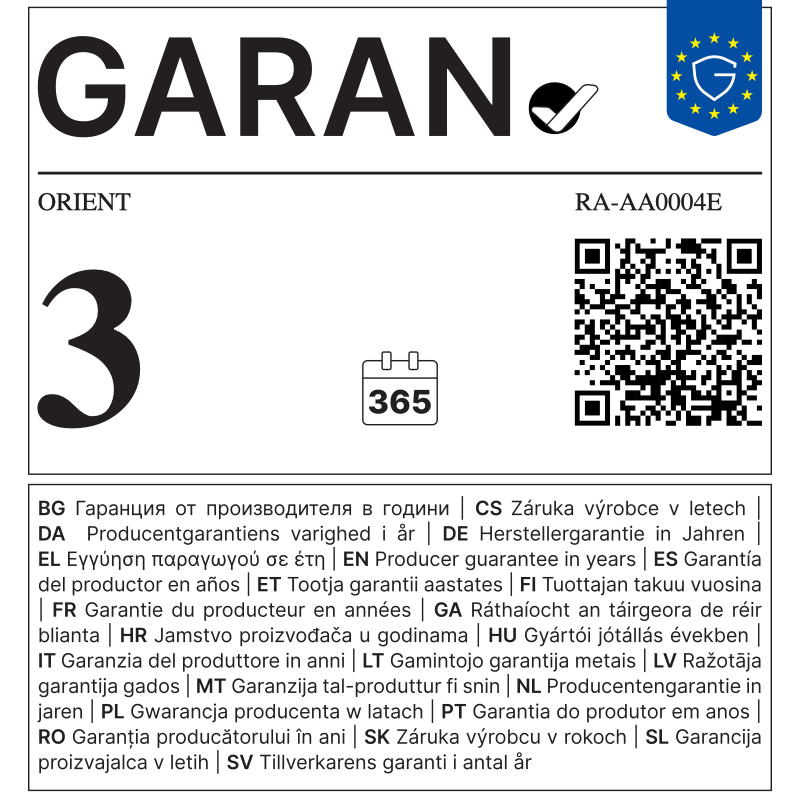 EU GARAN label - ORIENT RA-AA0004E - 3 year producer guarantee of durability
