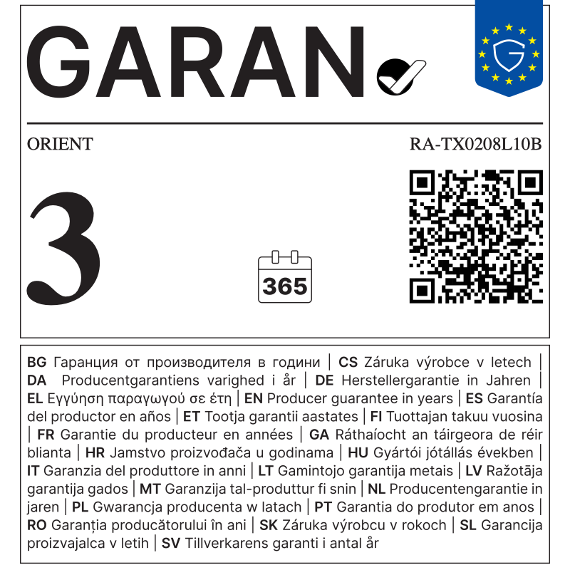 EU GARAN label - ORIENT RA-TX0208L10B - 3 year producer guarantee of durability